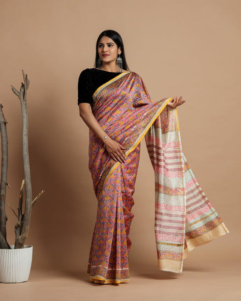 Pink Shadow Hand Block Print Chnaderi Silk Saree (CHSAR03)